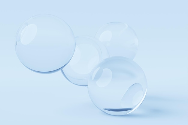 3d illustration of a transparent metaball with a huge number of parts on a blue background Digital metaball background of flying overflowing into each other shiny spheres