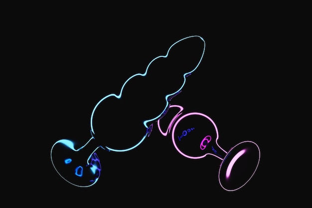 3D illustration Transparent pink and blue butt anal plug sex toys on black background