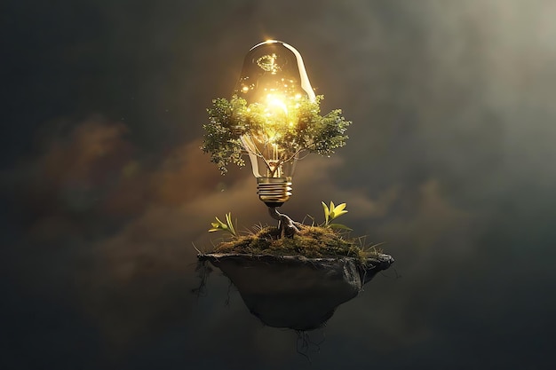 3D Illustration of a Tree Growing Inside a Light Bulb on a Floating Rock