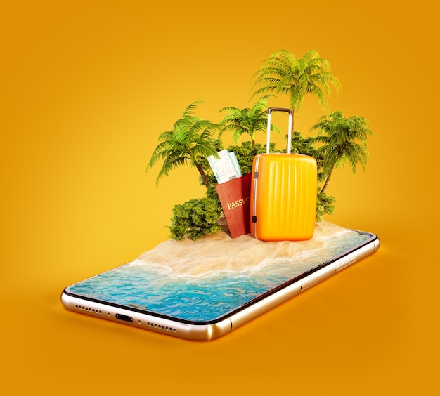 3d illustration of a tropical island with palm trees, suitcase and passport on a smartphone screen