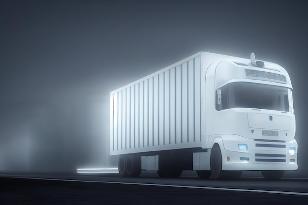 3d illustration of Truck driving on a country road at evening cloudy fog