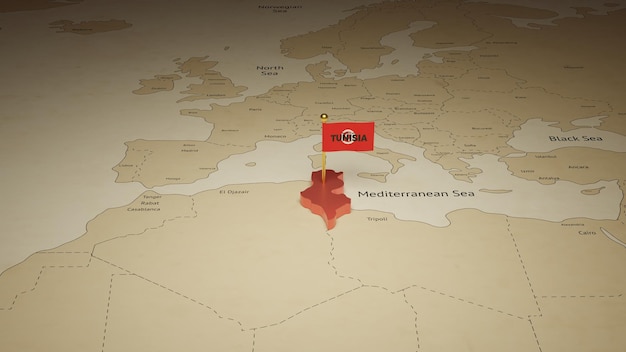 3d illustration of Tunisia map with flag on the world map