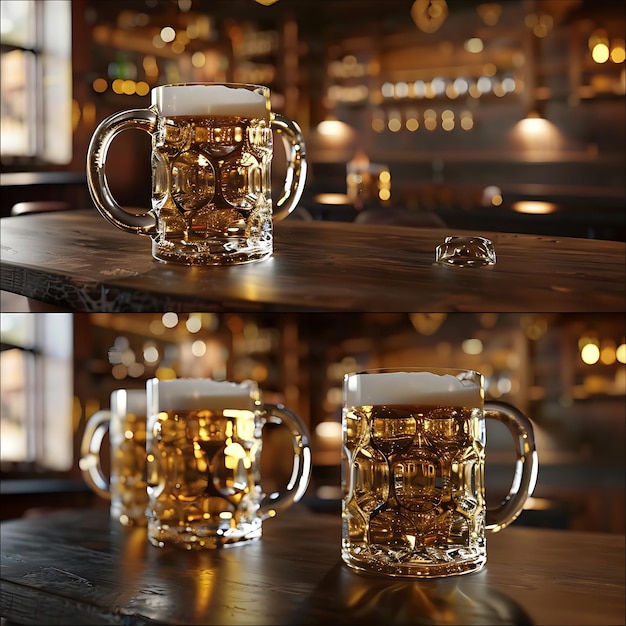 Photo 3d illustration of two beer mugs on a bar table