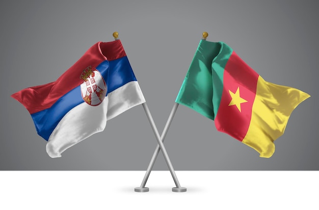 3D illustration of Two Crossed Flags of Serbia and Cameroon