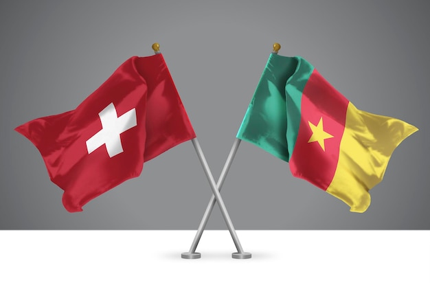 3D illustration of Two Crossed Flags of Switzerland and Cameroon