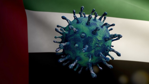 3D illustration United Arab Emirates flag waving and Coronavirus 2019 nCov concept. Asian outbreak in UAE, coronaviruses influenza as dangerous flu strain cases as a pandemic. Microscope virus Covid19