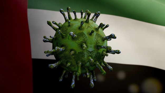 3D illustration United Arab Emirates flag waving and Coronavirus 2019 nCov concept. Asian outbreak in UAE, coronaviruses influenza as dangerous flu strain cases as a pandemic. Microscope virus Covid19