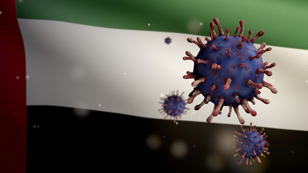 3D illustration United Arab Emirates flag waving and Coronavirus 2019 nCov concept. Asian outbreak in UAE, coronaviruses influenza as dangerous flu strain cases as a pandemic. Microscope virus Covid19