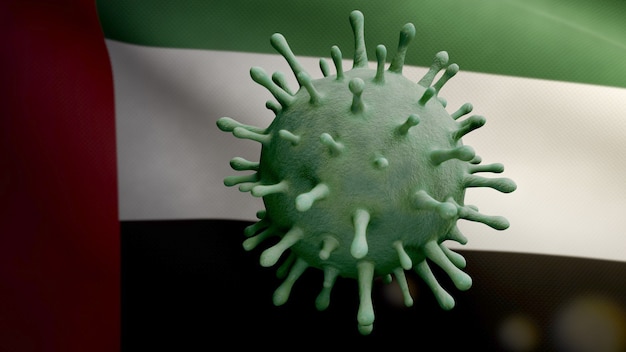 3D illustration United Arab Emirates flag waving with Coronavirus outbreak infecting respiratory system as dangerous flu. Influenza type Covid 19 virus with national UAE banner blowing at background