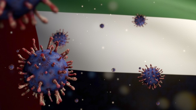 3D illustration United Arab Emirates flag waving with Coronavirus outbreak infecting respiratory system as dangerous flu. Influenza type Covid 19 virus with national UAE banner blowing at background