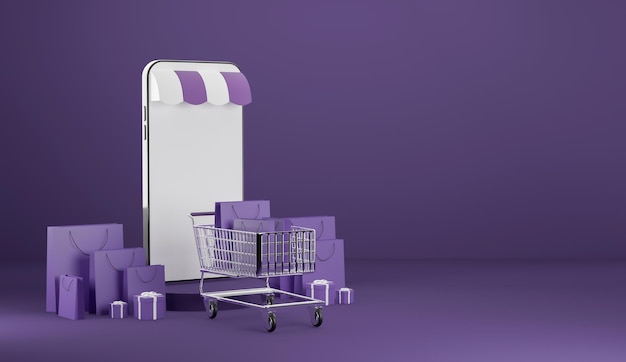 3d illustration Using credit cards for shopping with banks and stores online on smartphone