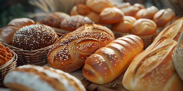 3D Illustration of a Variety of Freshly Baked Breads Including Baguettes Rolls and Loaves