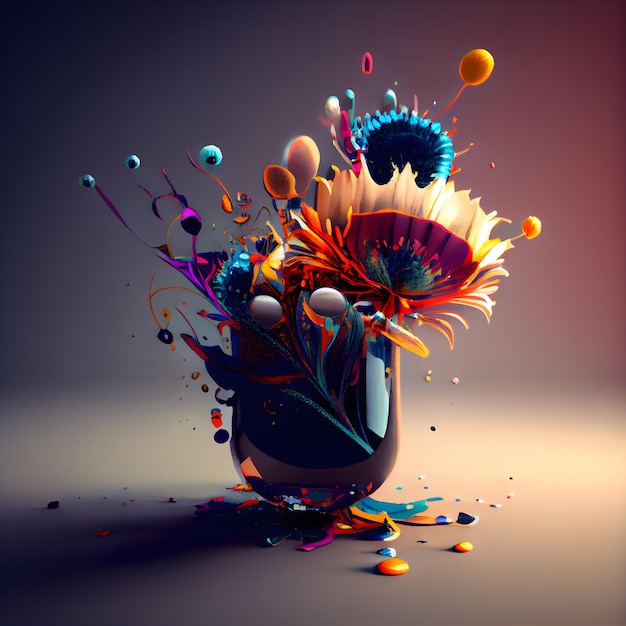 3d illustration of a vase full of flowers and colorful drops