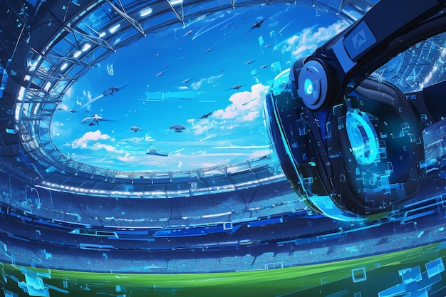 Photo 3d illustration of virtual reality headset and controller at digital football stadium