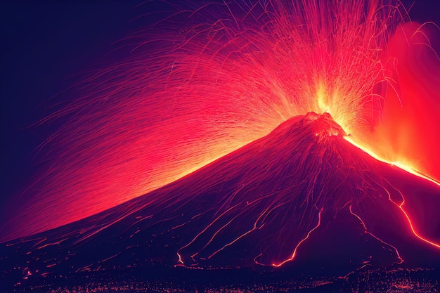 3d illustration volcano eruption lava at night epic colors