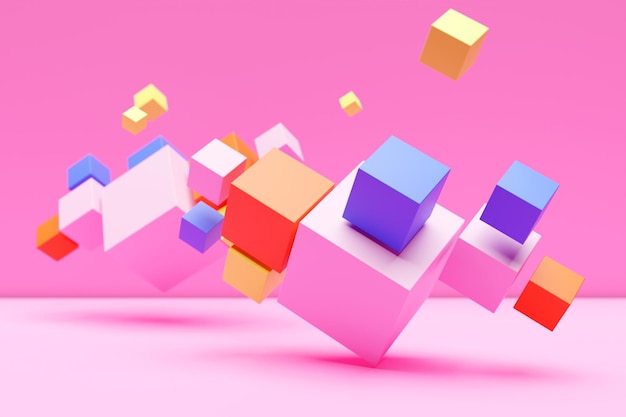 3D illustration volumetric colorful cubes on a geometric monophonic background Parallelogram pattern Technology geometry background