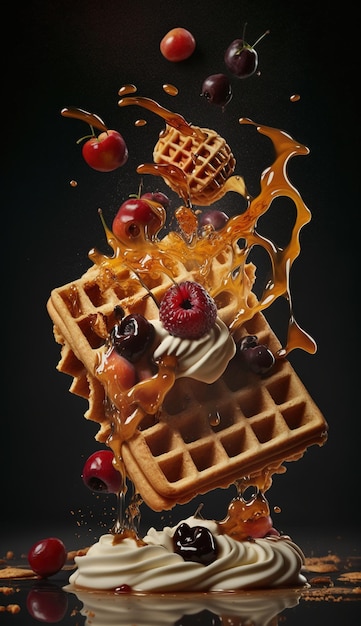 3d illustration waffles with chocolate sauce and ice cream and fresh berry on dark gray background.