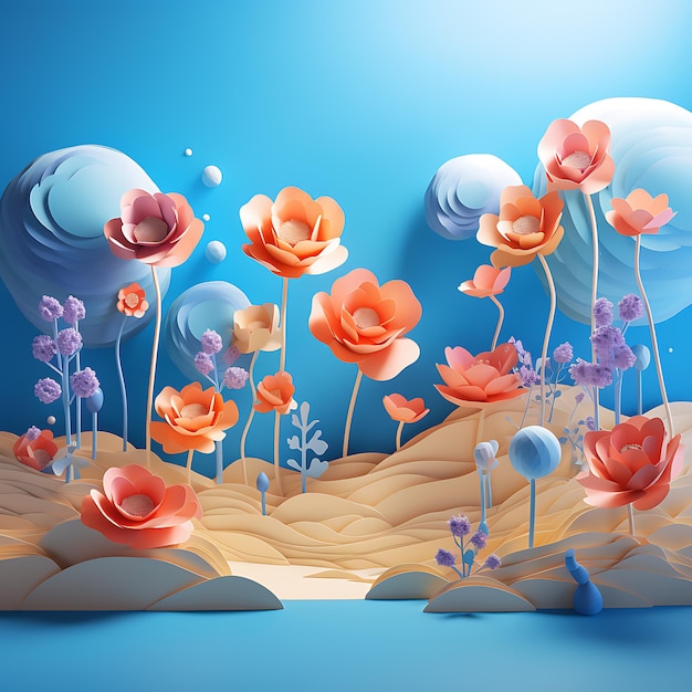 3d illustration wall flower orange and background blue