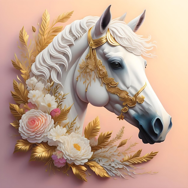 3d illustration wallpaper floral horse head white and gold