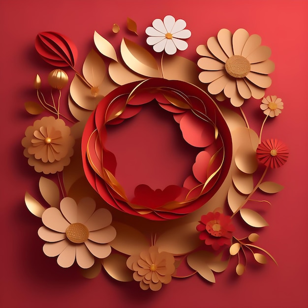 3d illustration wallpaper floral paper art red and gold