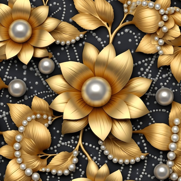 3D illustration wallpaper floral seamless pattern gold and black jewelry