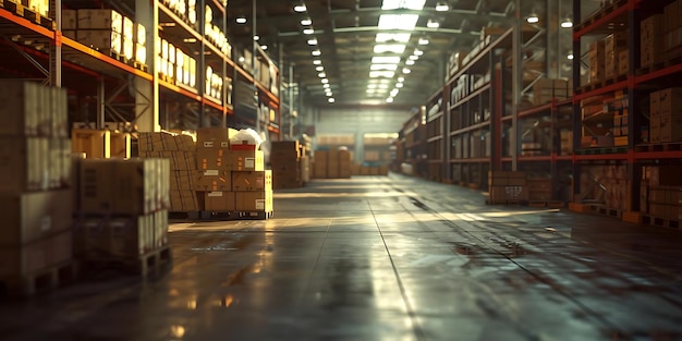 3D Illustration of a Warehouse Interior with Cardboard Boxes on Pallets