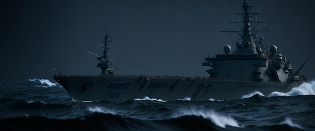 3D Illustration of a warship in a stormy sea