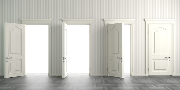 3d illustration. White classic doors in the hall or corridor. Background interior. 