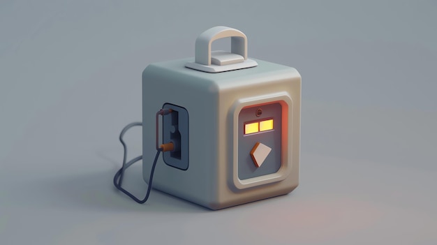 3D illustration of a white cube with a handle a cord and glowing orange lights