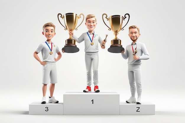 3d illustration White people winner on sports podium with trophy Isolated white background