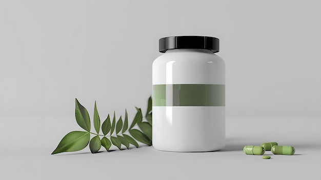 Photo 3d illustration of white pill bottle with green label and green pills on white background