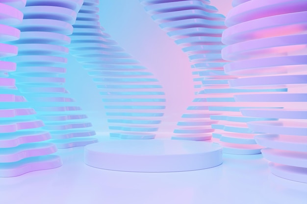 3d illustration of a white round podium under pink and blue light on a monochrome background 3d rendering Geometric minimalism background