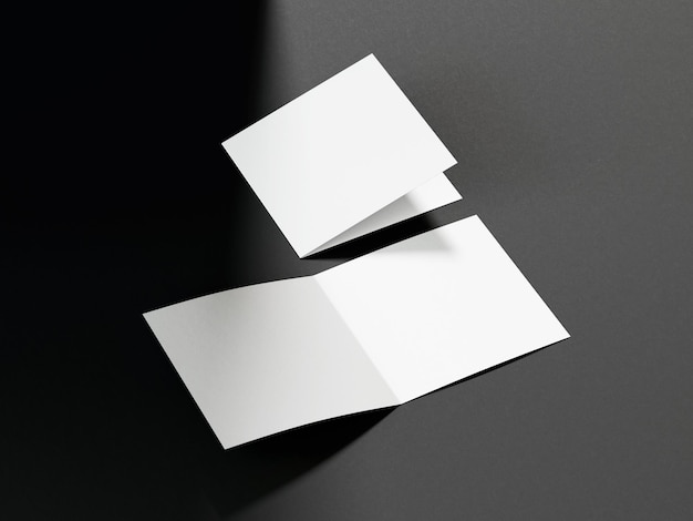 3D illustration White square bifold flyer isolated on black background