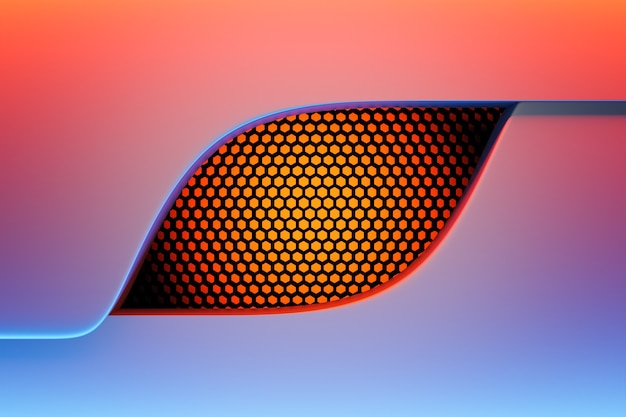 3D illustration of a window made of black and orange honeycombs on a blue and red background.