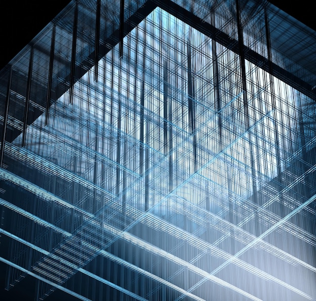 3d illustration of wireframe bathed in blue and white lights in dark misty environment