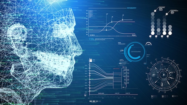 3D illustration wireframe human AI system and infographic information scanner HUD interface on blue background.