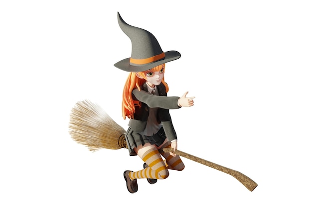 3D illustration Witch character Happy halloween Character concept art Witch flying on a broomstick