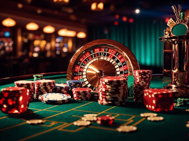 3D illustration with dynamic casino game background and craps roulette and poker cards