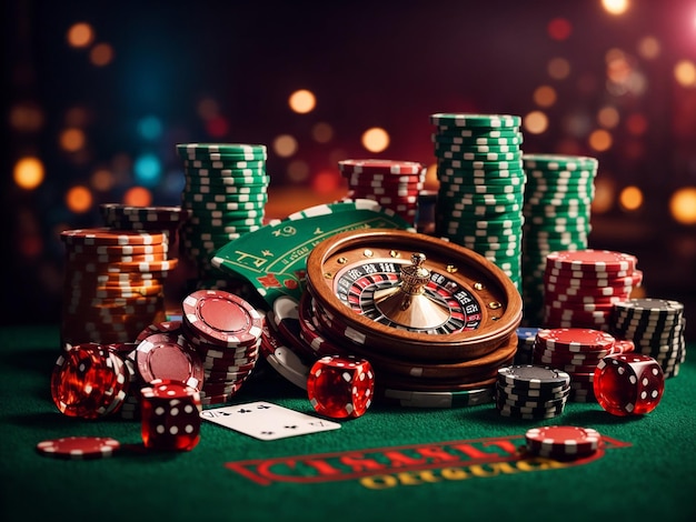 3D illustration with dynamic casino game background and craps roulette and poker cards