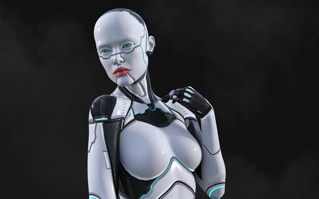 3d illustration of A woman AI cyborg pose on black background with clipping path AI project