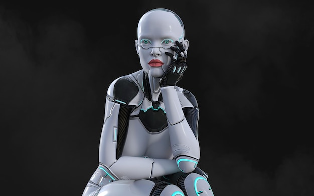 3d illustration of A woman AI cyborg pose on black background with clipping path AI project