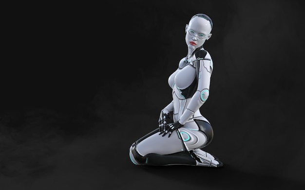 3d illustration of A woman AI cyborg pose on black background with clipping path AI project