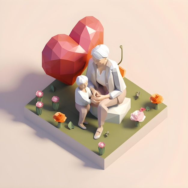 A 3d illustration of a woman and a child sitting on a stone bench with a large red heart.