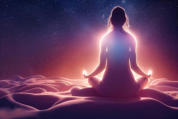 3d illustration of woman in lotus position meditating in stars space milky way background