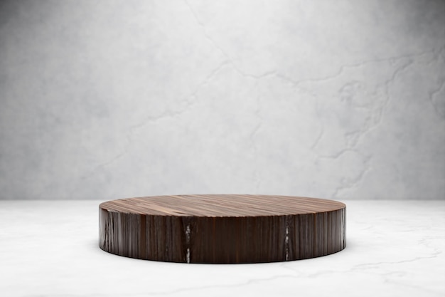 3d illustration of a wooden circle podium stand on the gray background 3d rendering Minimalism geometry background