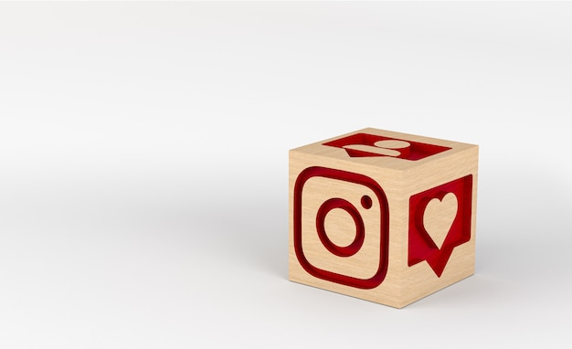 3d illustration, wooden cubes with carved instagram icons