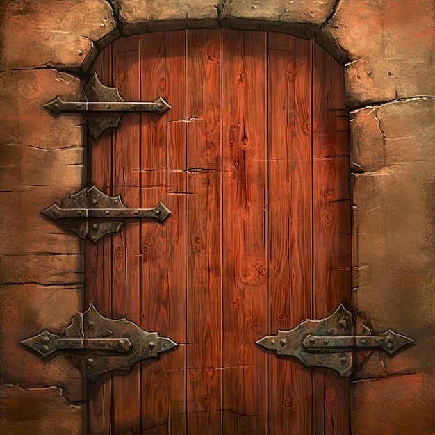 3D illustration a wooden door in dungeon wall