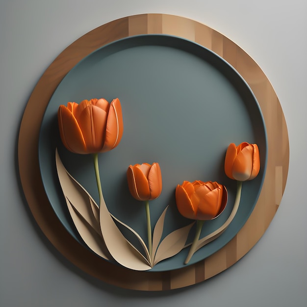 3d illustration wooden frame wall flower tulips