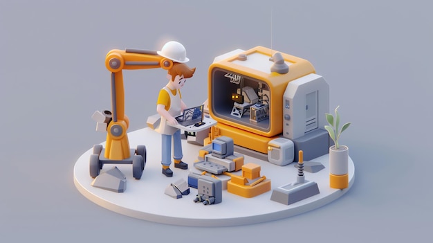 Photo a 3d illustration of a worker with a laptop standing next to a robotic arm in a factory setting