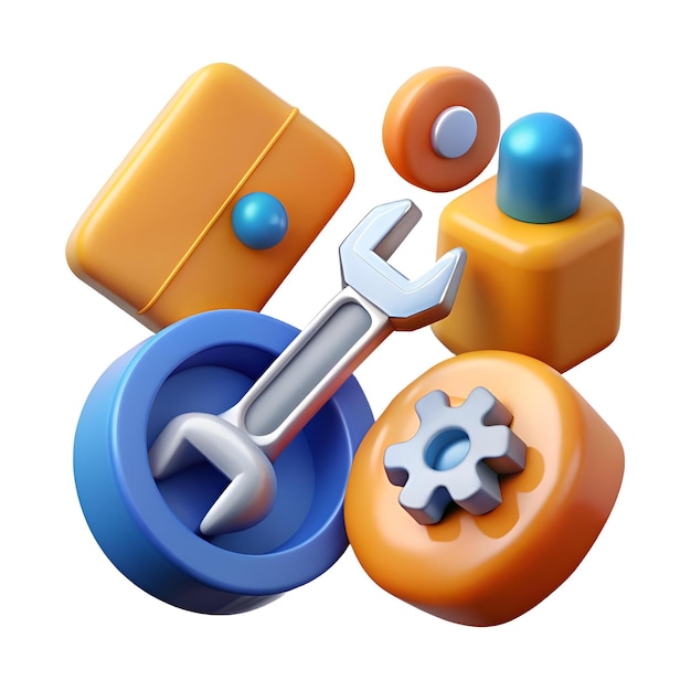 A 3D illustration of a wrench gear and other abstract shapes perfect for representing technical support app development and other technology related concepts